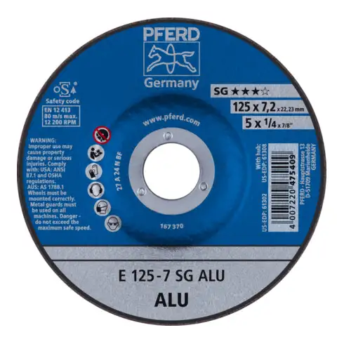 Disque à ébarber SG ALU D125xS7,2mm contrecoudé aluminium perçage 22,23 mm PFERD