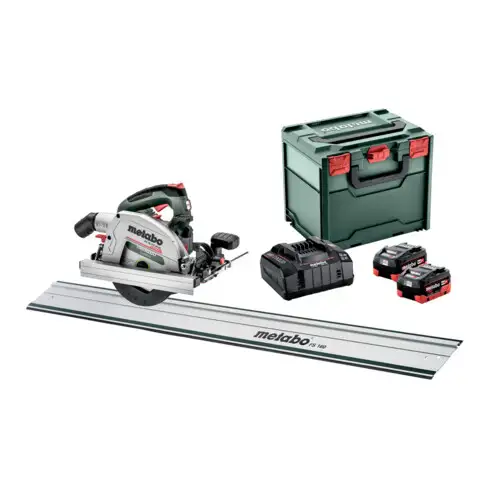 Set Metabo scie circulaire portative sans fil KS 18 LTX 66 BL avec rail de guidage FS 160 ; metaBOX 340 ; 18V 2x8Ah LiHD + ASC 145