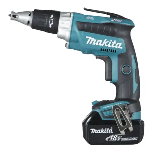 Visseuse sans fil Makita DFS250RTJ dans une mallette de transport MAKPAC avec deux batteries de 5,0 Ah et un chargeur rapide.